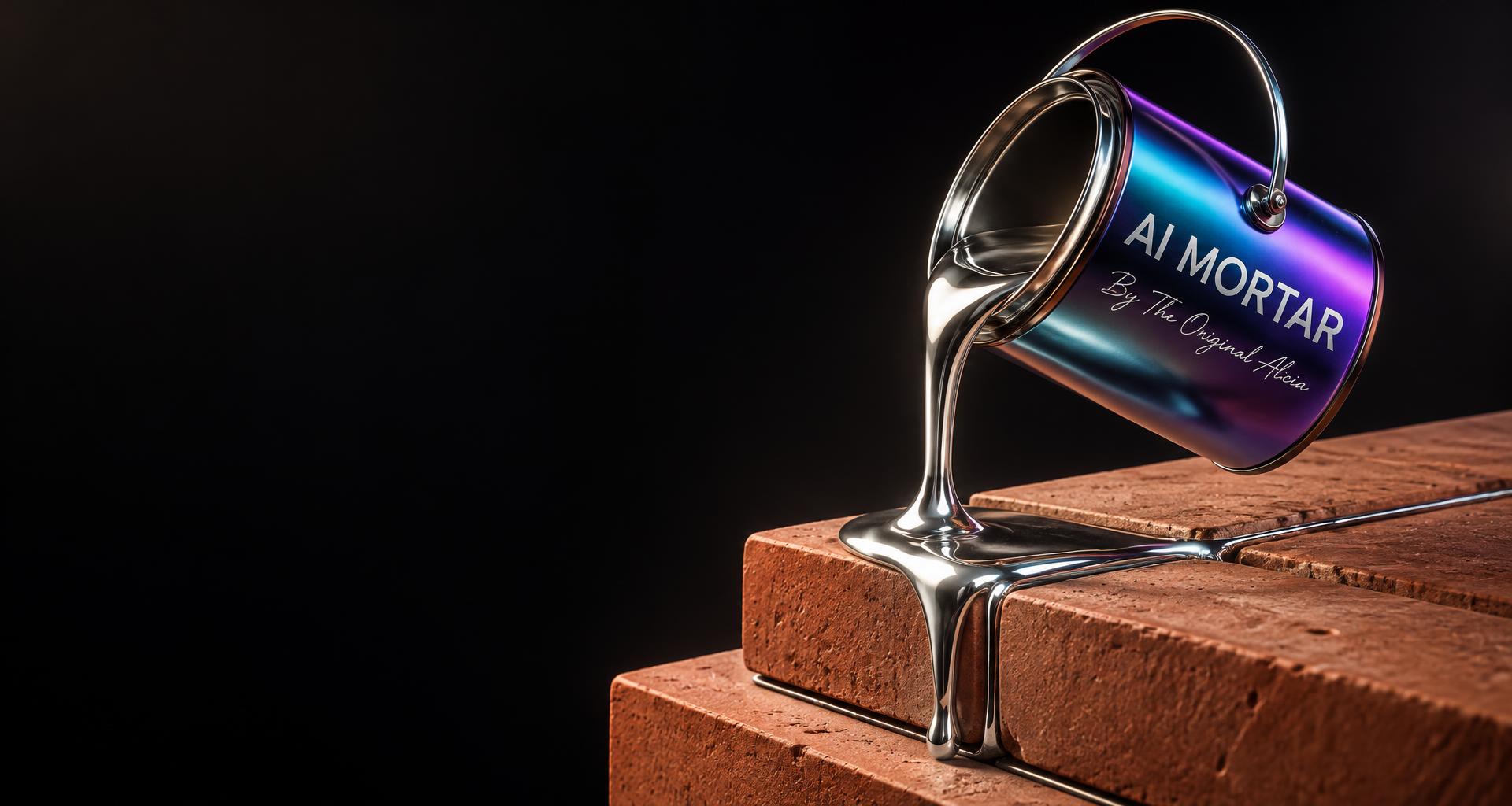Glossy iridescent AI MORTAR can signed By The Original Alicia, pouring silver liquid chrome over three terracotta bricks
